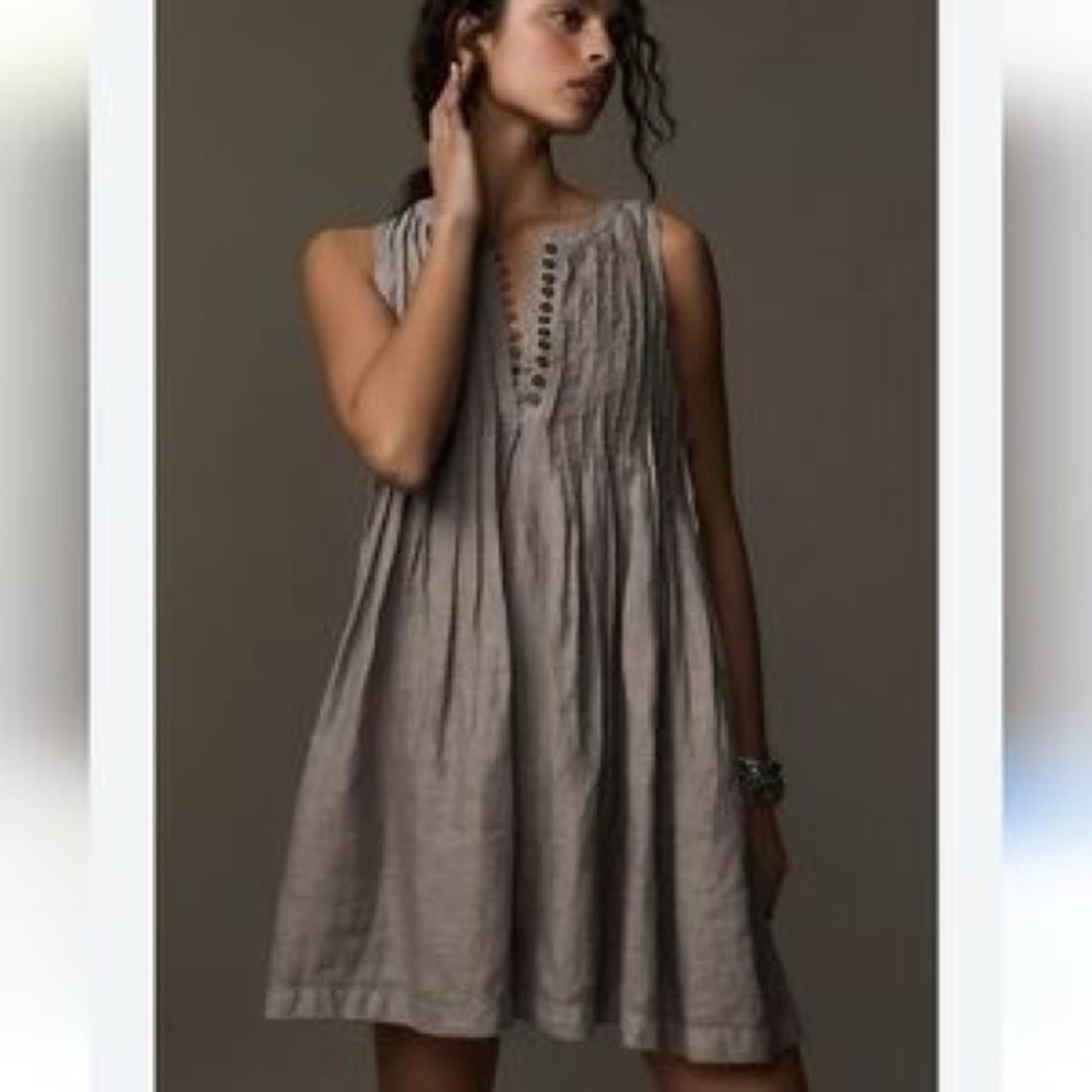 Anthropologie Linen-Blend Shift Dress in Light Taupe pleated
